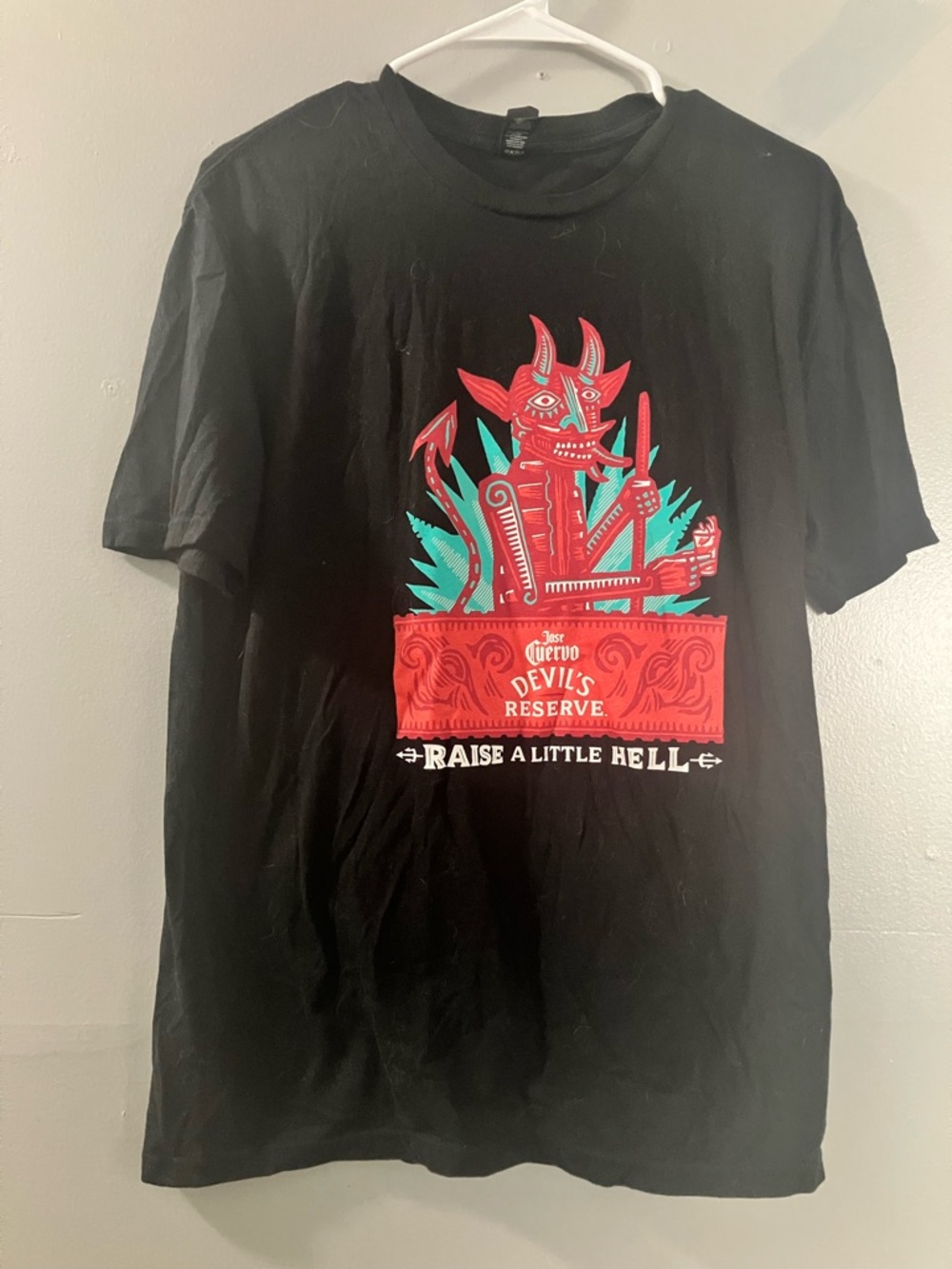 District Black Tee with Red & Teal Devil Graphic